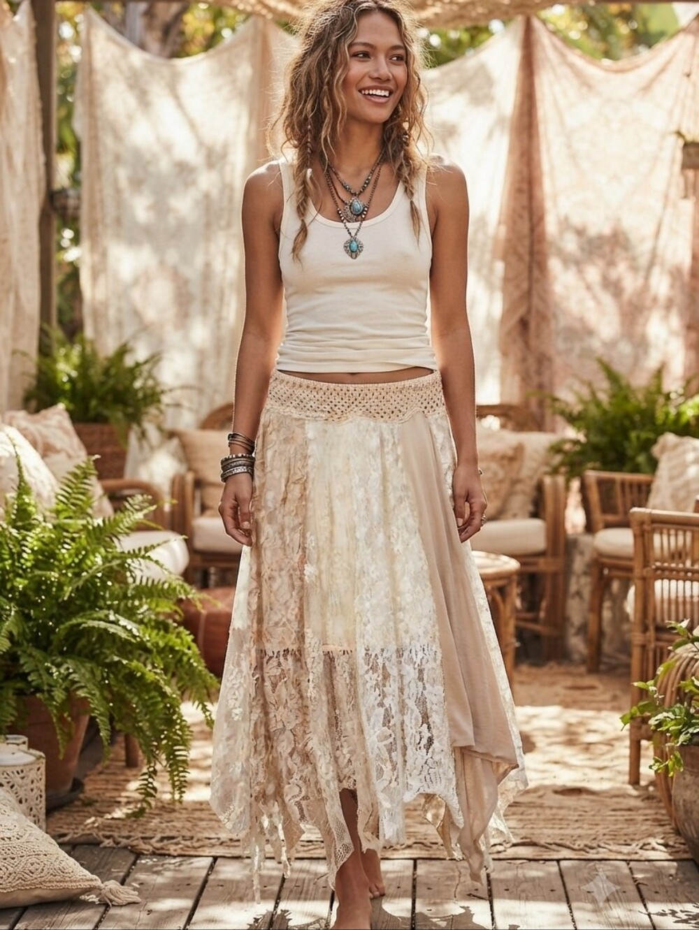 NEW Spellbound Boho Patchwork Lace Midi Skirt Crochet Waist Made in Texas Floral